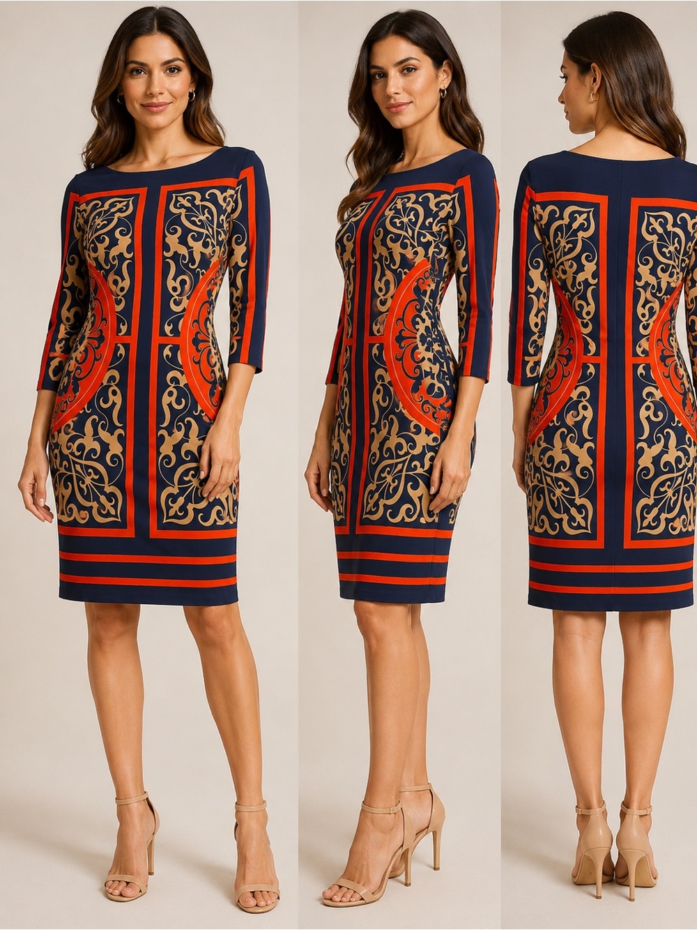 Cache Navy, Red & Gold Patterned Sheath Dress